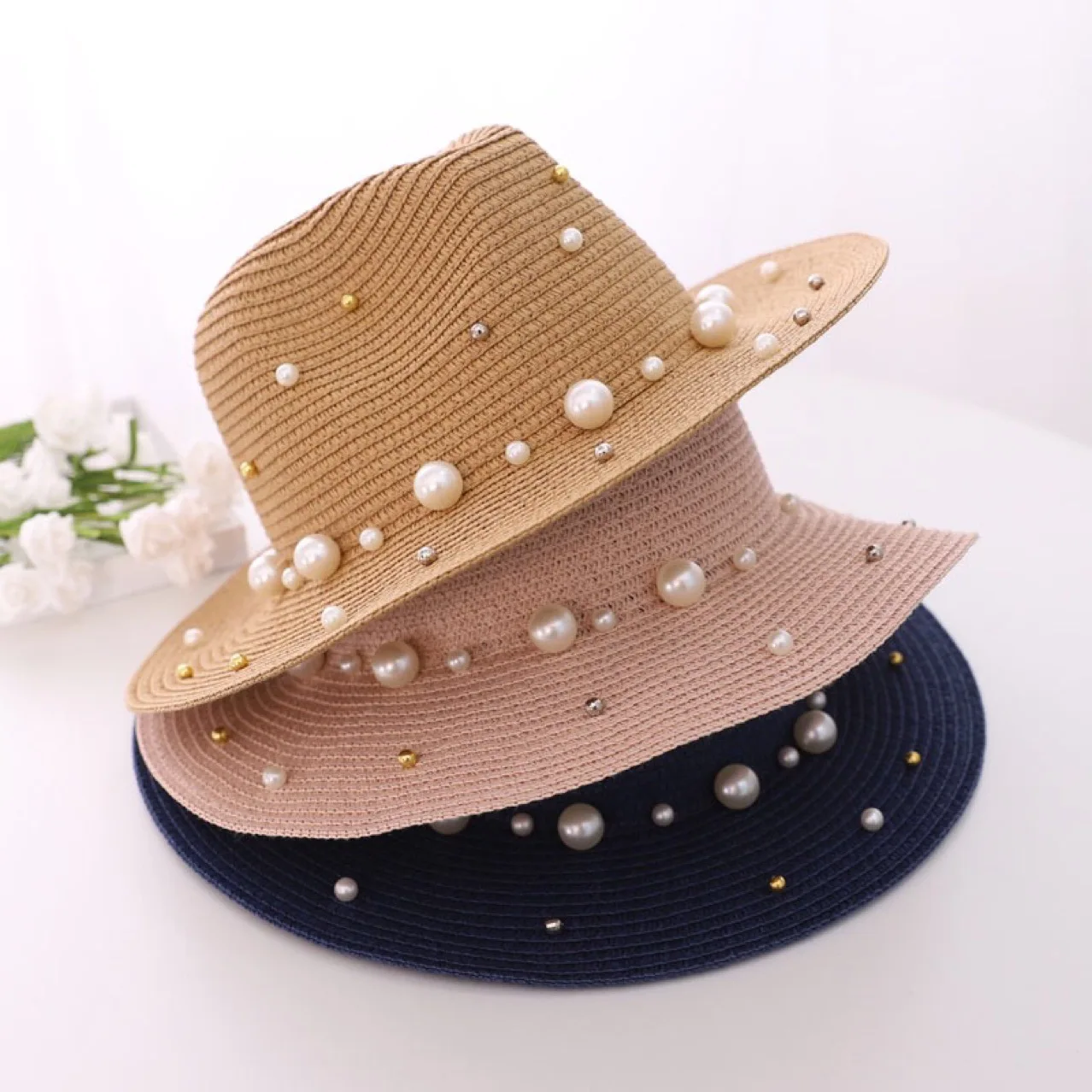 

Women Beach Sun Hats Lady Casual Wide Brim Round Beads Pearl Decorative Travel Straw Visor Caps Panama Hats