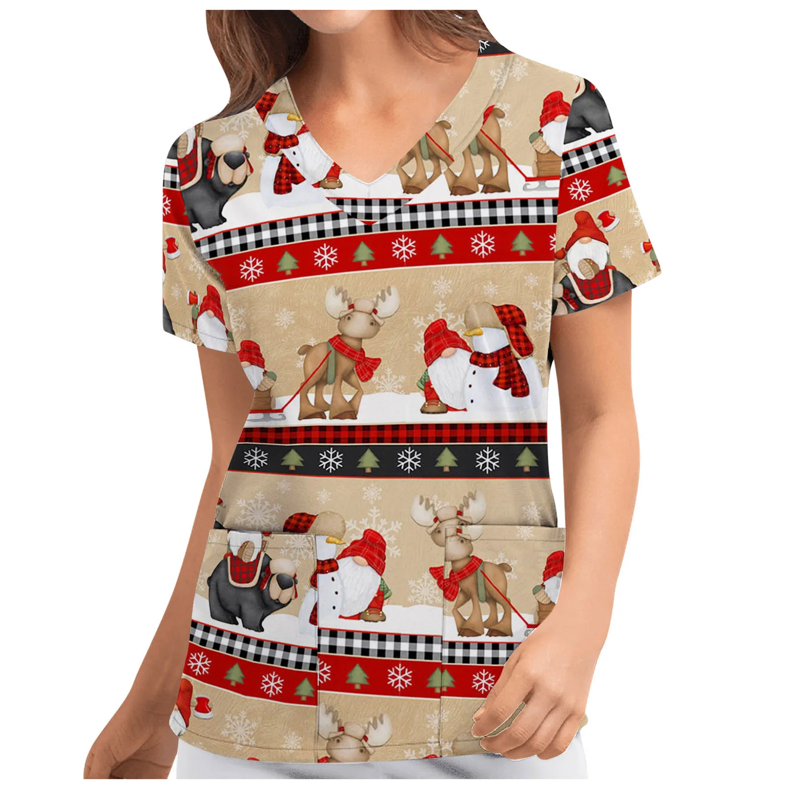 

Christmas Nurse Uniform Women Oversized Cute Gnome Print Short Sleeve V-neck Tshirt Casual Blouse Shirt Uniformes Clinicos Mujer