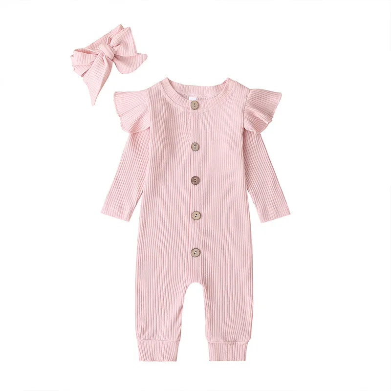 

0-2Y Infant Newborn Baby Girls Boys Clothes Spring Autumn Ribbed Knitted Cotton Romper Solid Long Sleeve 2Pcs Outfits Jumpsuit