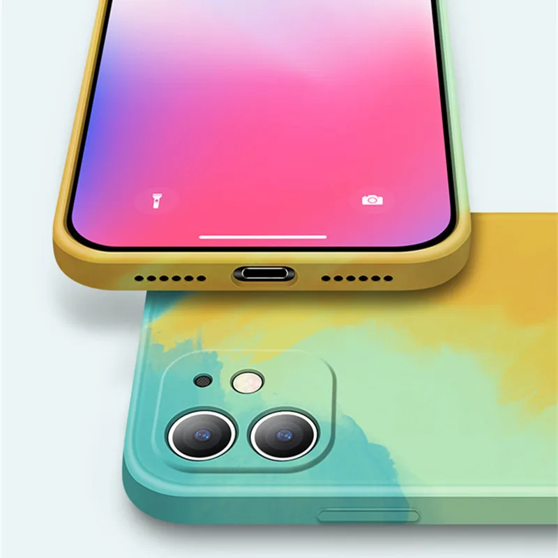

Square Liquid Silicone Watercolor Phone Case For iPhone 12 11 Pro Max Mini XS X XR 7 8 Plus SE Colorful Gradient Soft Cover