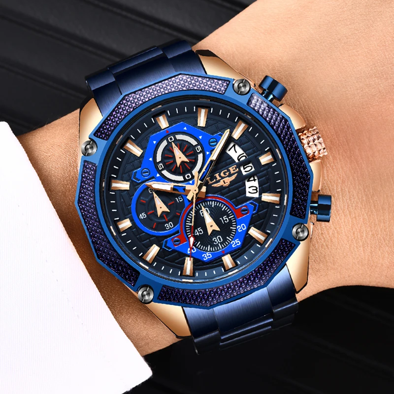 Relogio Masculino LIGE Топ Роскошные деловые мужские часы из нержавеющей стали водонепроницаемые армейские военные кварцевые часы мужские часы с большим циферблатом
