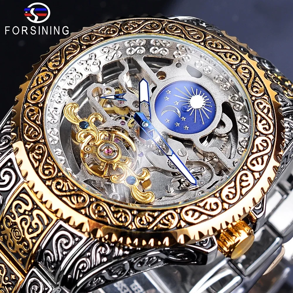 

Forsining Tourbillon Watch for Men Mechanical Skeleton Mens Watches Top Brand Luxury Engraved Vintage Moon Phase Steel Strap