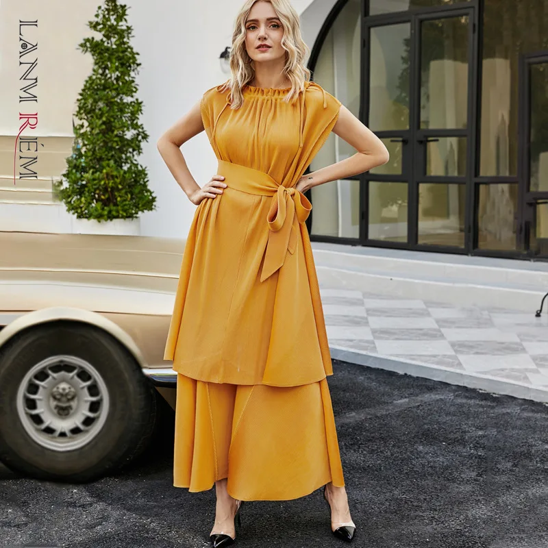 

LANMREM 2022 Spring Summer New Dress Lace Up Loose Solid Color Two Piece Women's Elegant Party Dresses 2A3429