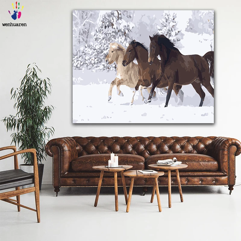 DIY картинки для раскраски по номерам с цветами лошадь в снежных горах картина