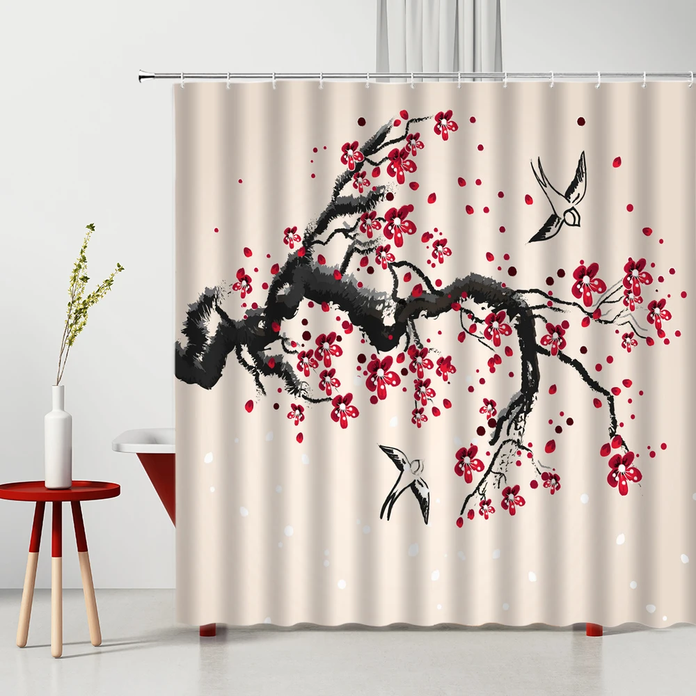 

Plum Shower Curtain Winter Flowers Bird Chinese Style Ink Painting Modern Bathroom Decor Washable Home Supplies Bath Curtains