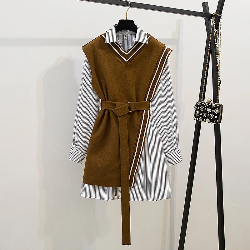 Streetwear Two Piece Dress Women Autumn Winter long Sleeve Shirt Mini Dresses with belt plus size elegant party Dress vestidos