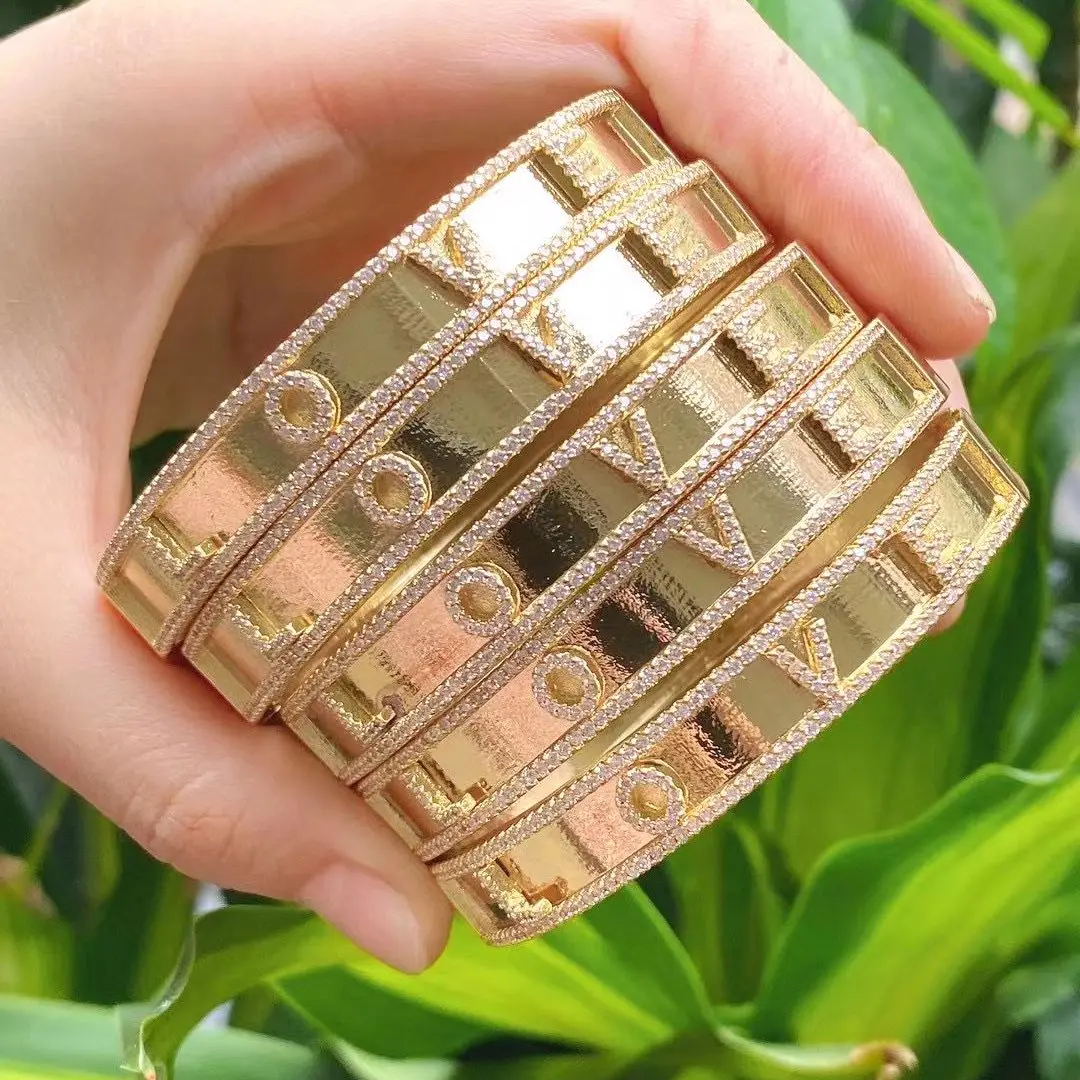 

3Pcs New Fashion Gold Plated Love Letter Pave Bangle Micro CZ Stone Bangle Bracelet For Women Men Jewelry