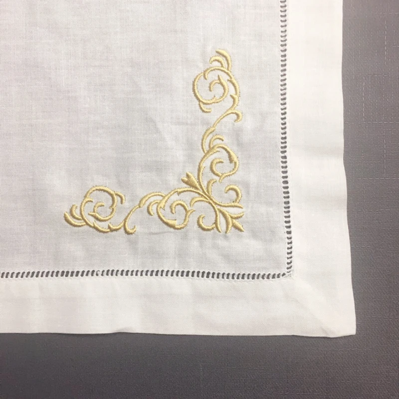 Set of 12 Handkerchiefs Table Napkins white Hemstitched linen Fabric Cloth Dinner Napkin Gold Embroidery Floral 18x18/20x20-inch images - 6