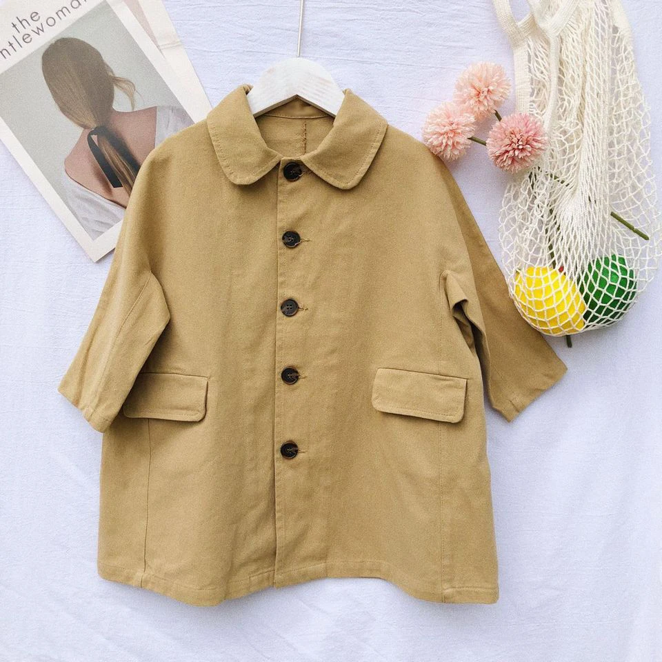 Модный тренчкот для девочек пальто цвета хаки хлопковые однотонные длинные с