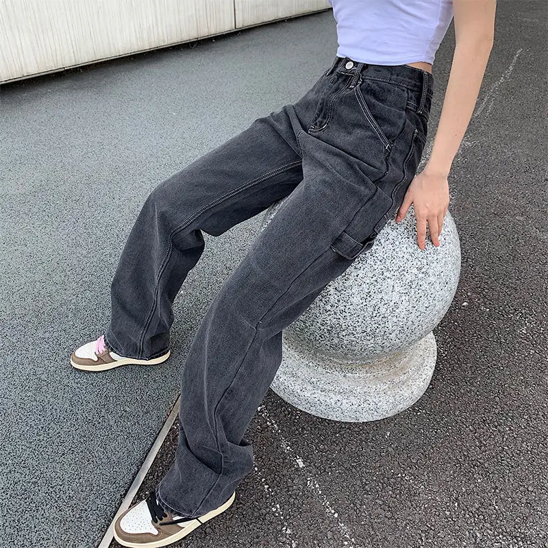 

2020 Women Jeans Baggy Smoky Gray Blue Elegant Wide Leg Cargo Pants Girl Straight Casual Loose High Waist Denim For Femme Mujer