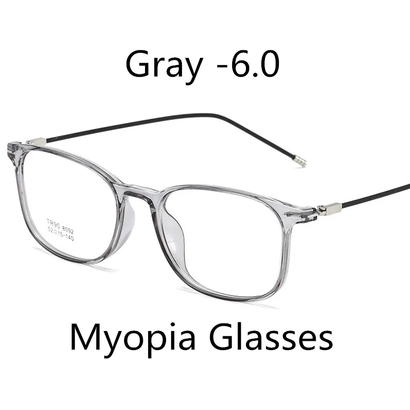 Gray -6.0 Elbru ультралегкие TR90 очки для близорукости женские и мужские Модные прозрачные квадратные оправы близорукие очки With-0.5-1.0-1.5to-6.0 - Цвет оправы: Gray -6.0