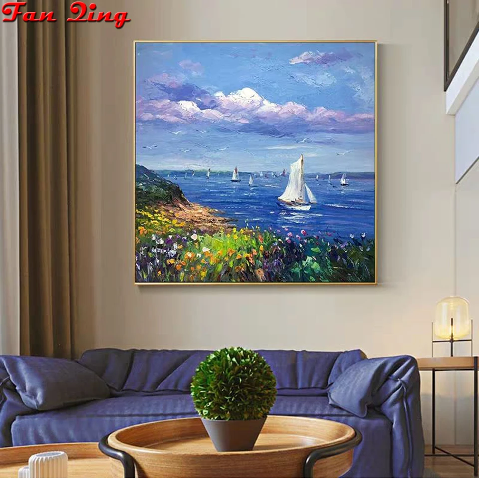 5D DIY Diamond Embroidery Sailboat/ Seascape Painting Cross Stitch Mosaic Rhinestone Decoration | Дом и сад
