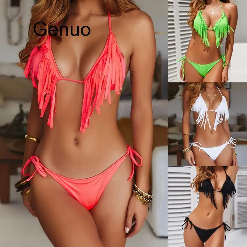 

Sexy Tassels Bikini Set Women Swimwear Bandage Push Up Padded Swimming Suit Women Bathing Suit Thong Bikini Brazilian