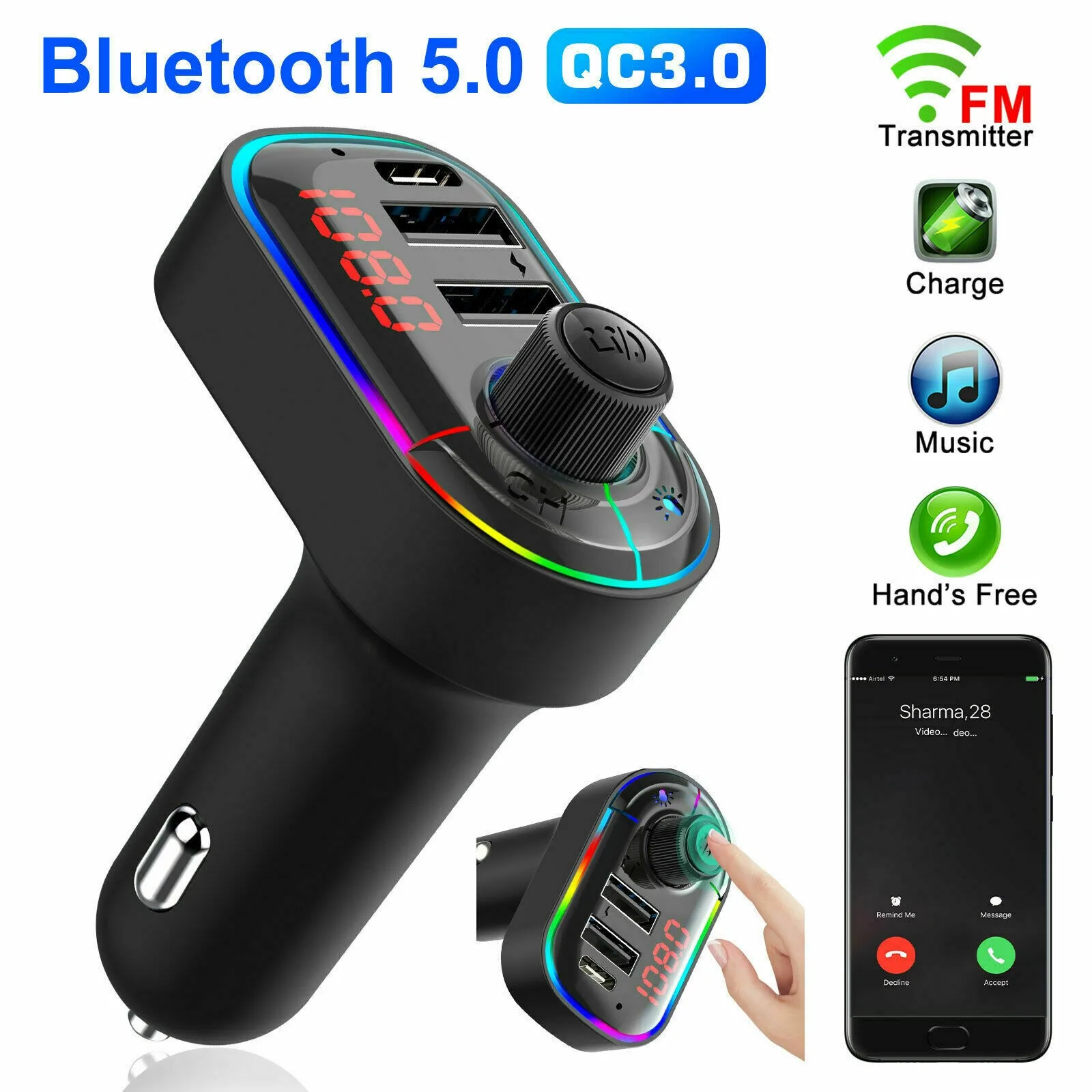 

Автомобильный FM-передатчик Bluetooth 5,0, беспроводной аудиоприемник громкой связи, Автомобильный MP3-плеер А, двойной USB-разъем, быстрая зарядка, а...