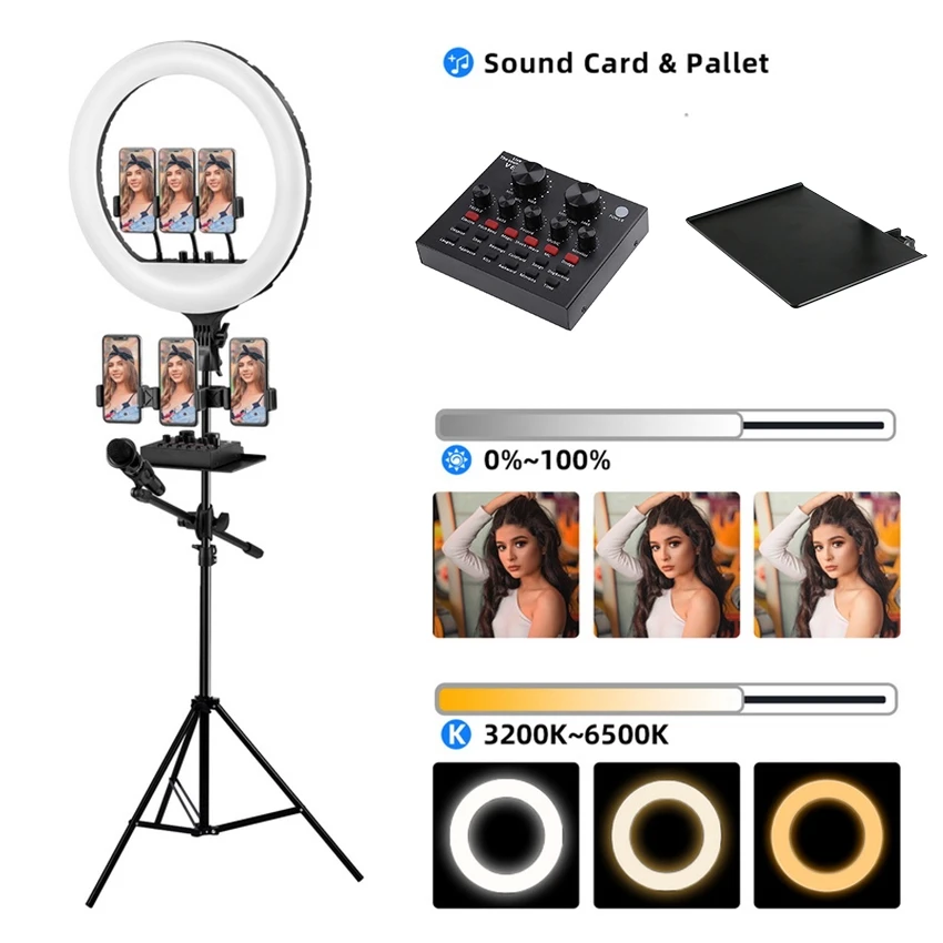 저렴한 인터페이스 Dimmable LED Selfie 링 라이트 카메라 전화 사진 삼각대와 비디오 메이크업 램프 전화 클립 라이브 사운드 카드