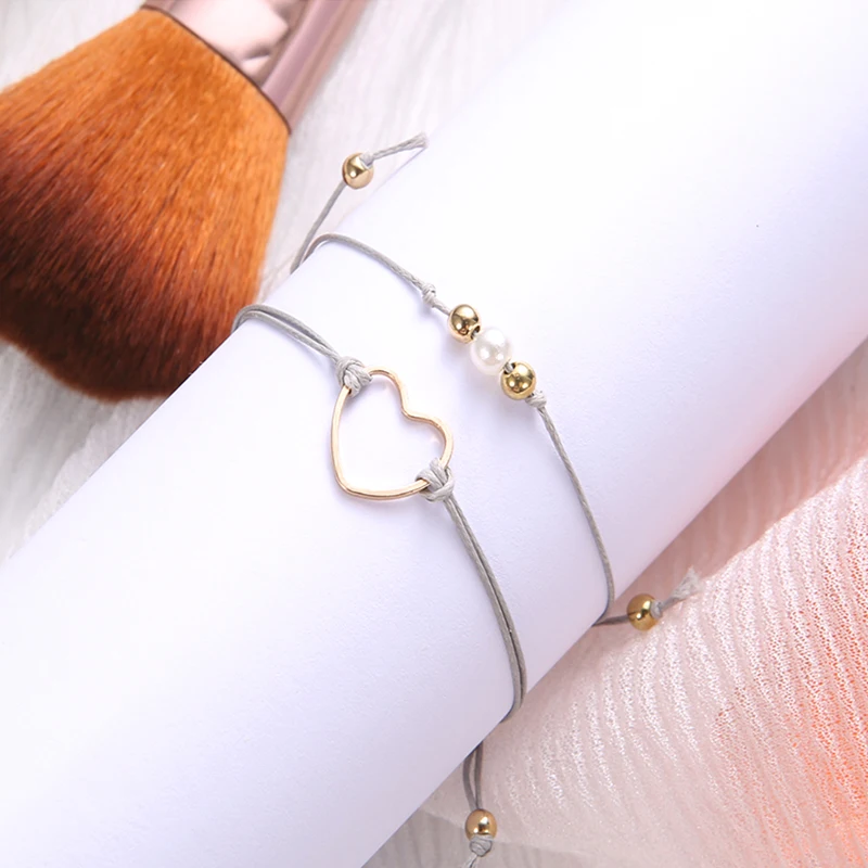 2 Pcs/Set Retro Heart Love Beads Leather Multilayer Adjustable Cuff Bracelet Set Women Fashion Clothing Accessories | Украшения и