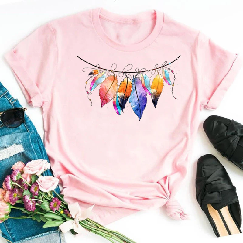 

WVIOCE New Color Feather Print Women T-shirt Harajuku Short Sleeve Female Top Oversized Casual Ladies O-Neck Clothes 32510