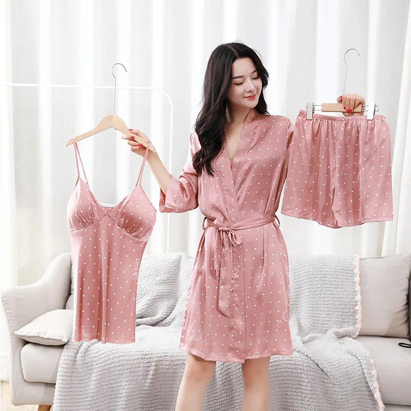 

Spring Polka Dot Printed 4Pcs Faux Silk Nightwear Robe Nightdress Sling Shorts Sleepwear Homewear Sexy Stain Women Pajamas