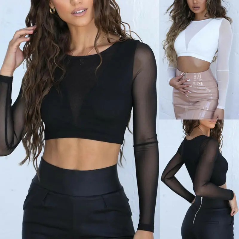 

Women Sexy Mesh Perspective Tops T-shirt Bodycon Tops Slim Fit Long Sleeve Tees Top Autumn Spring T Shirt See Through Crop Top