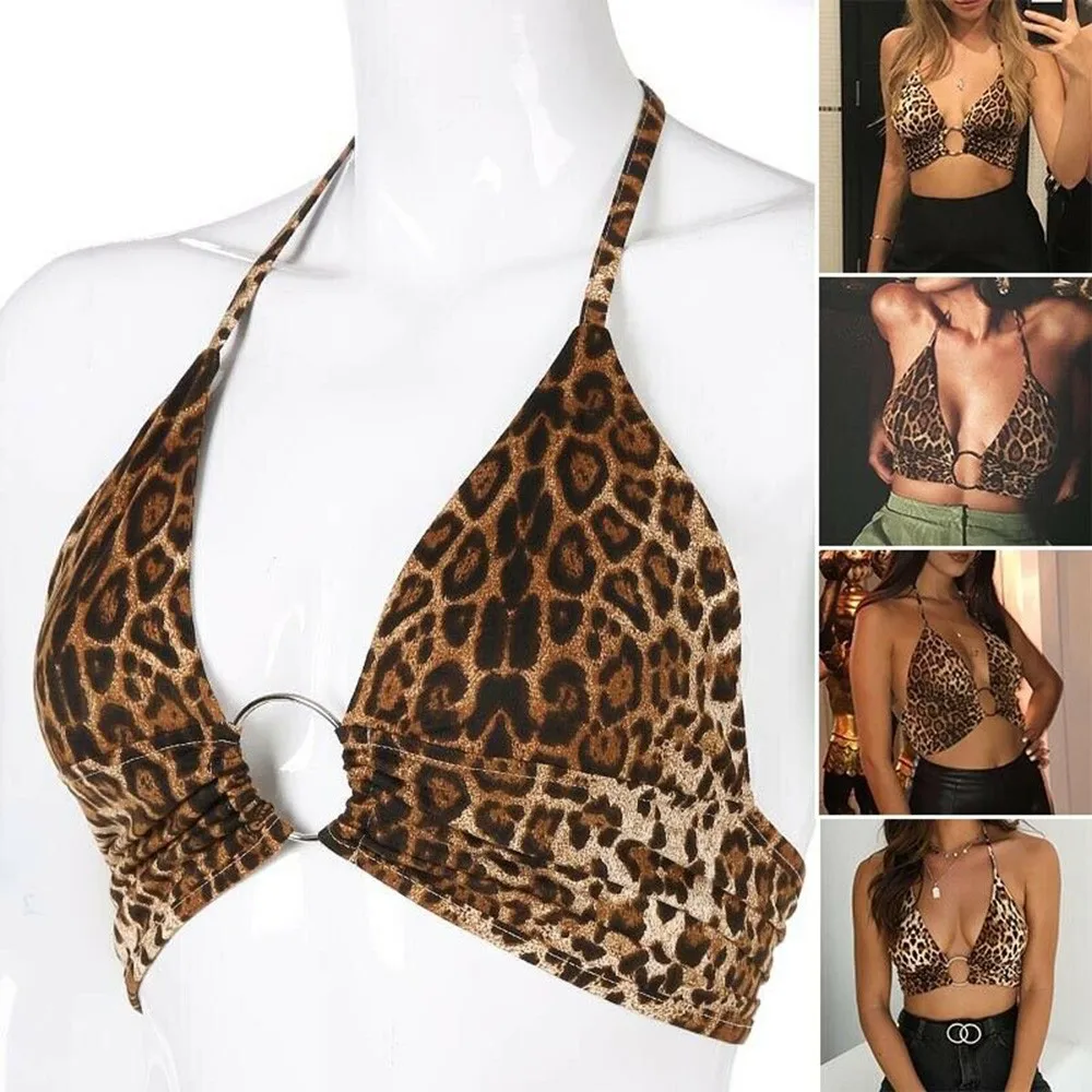 

Sexy Women Leopard Print Buckle Halter Deep V Neck Bra Vest Lingerie Bandeau Bustier Crop Tops Bralette Push Up Underwear