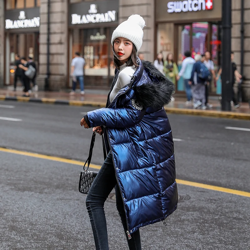 

Las nuevas mujeres abrigo largo Parkas mujer brillante invierno calido espesar abrigos de piel sintetica de plata chaqueta Parke