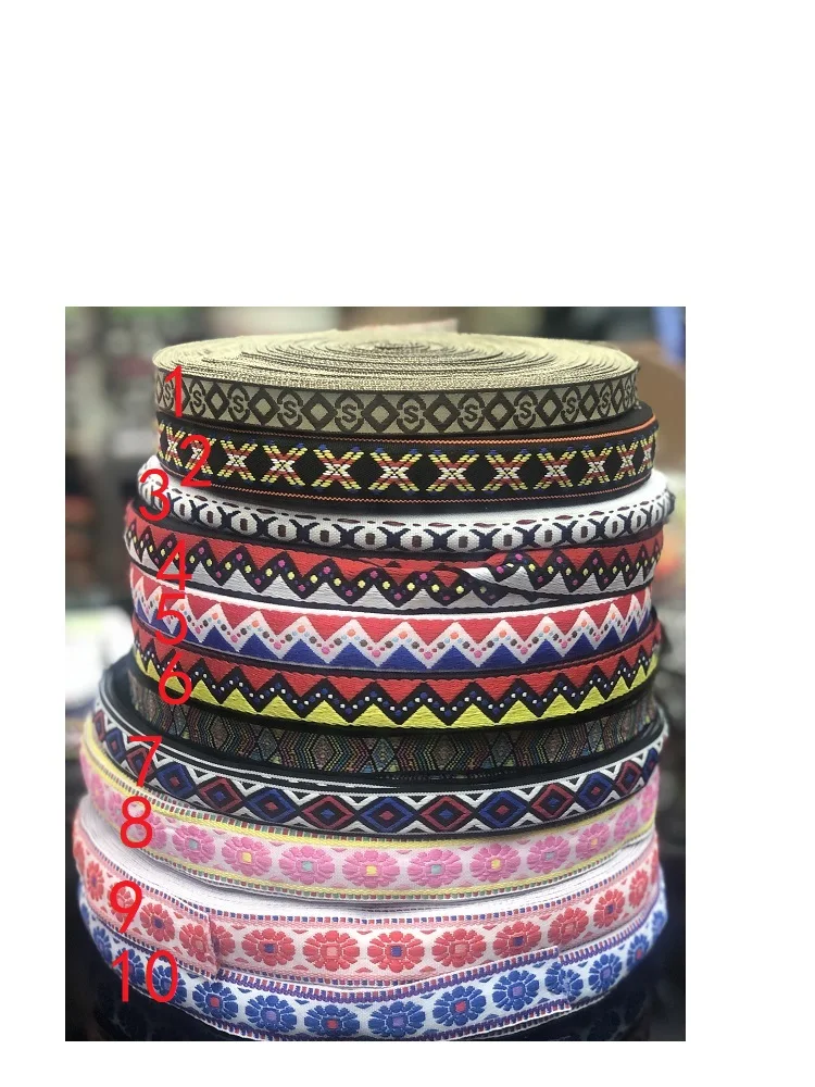 

wide 1-2cm 45yards/lot Polyester Woven Jacquard Ribbon Geometric national style for hat curtain and clothing accessory LS-5364