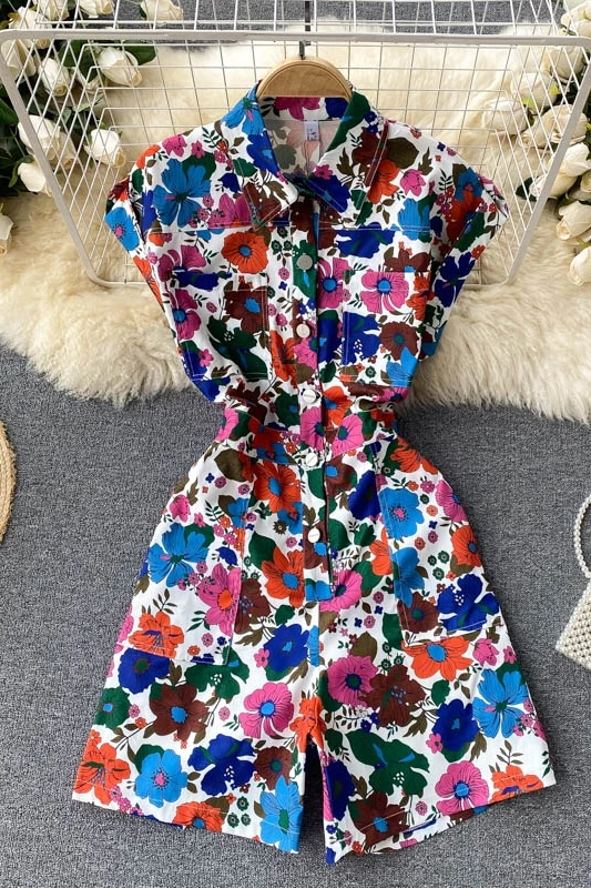 

Fashion blogger holiday style printed jumpsuit women's summer dress new temperament POLO collar short wide-leg pants