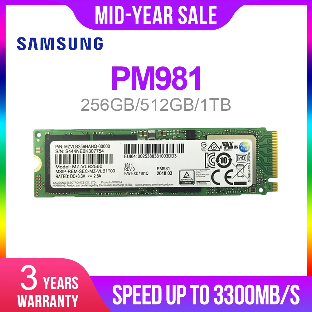 SAMSUNG SSD M.2 PM981 256 гб 512 1 ТБ твердотельный жесткий диск M2 NVMe PCIe 3 0x4 внутренний для