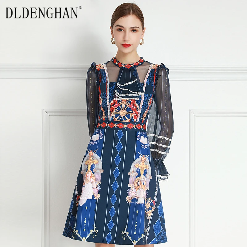 

DLDENGHAN Fashion Print Spring Dress Women's Stand Collar Flare Sleeve Ruffles Vintage Dresses Designer New
