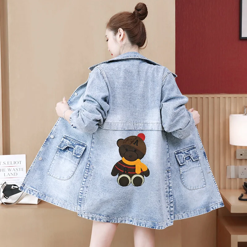 

Long Women Jeans Jacket Autumn Spring Embroidery Korean Fashion Denim Jacket Female Casual Street Cool Coat Plus Size Outwear