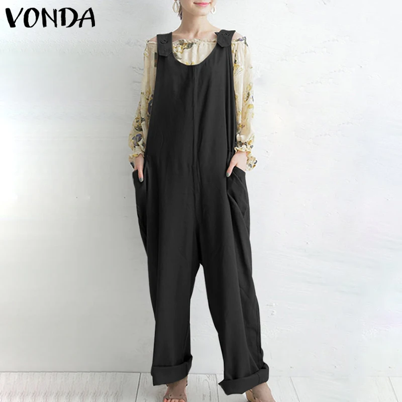 

Casual Solid Straps Loose Wide Leg Rompers VONDA Fashion Women Jumpsuits Female Summer Overalls Vintage Playsuits Plus Size 5XL
