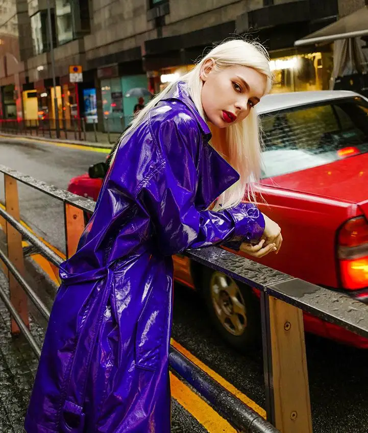 

Fashion Glossy PU Windbreaker Leather Jacket Female Long Coat shiny Patent Leather Oversized Purple Pu Leather Outwear L1124