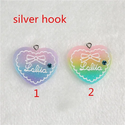 silver hook 15cps/лот 31*27 мм модные блестящие плоские пластмассовые ювелирные изделия в форме сердца ожерелье Подвески на брелки для ключей для украшения своими руками - Окраска металла: silver hook