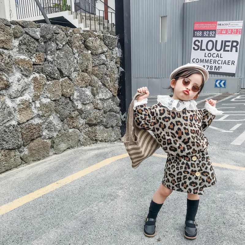 Зима 2019 модная одежда с леопардовым рисунком и кружевным воротником комплекты