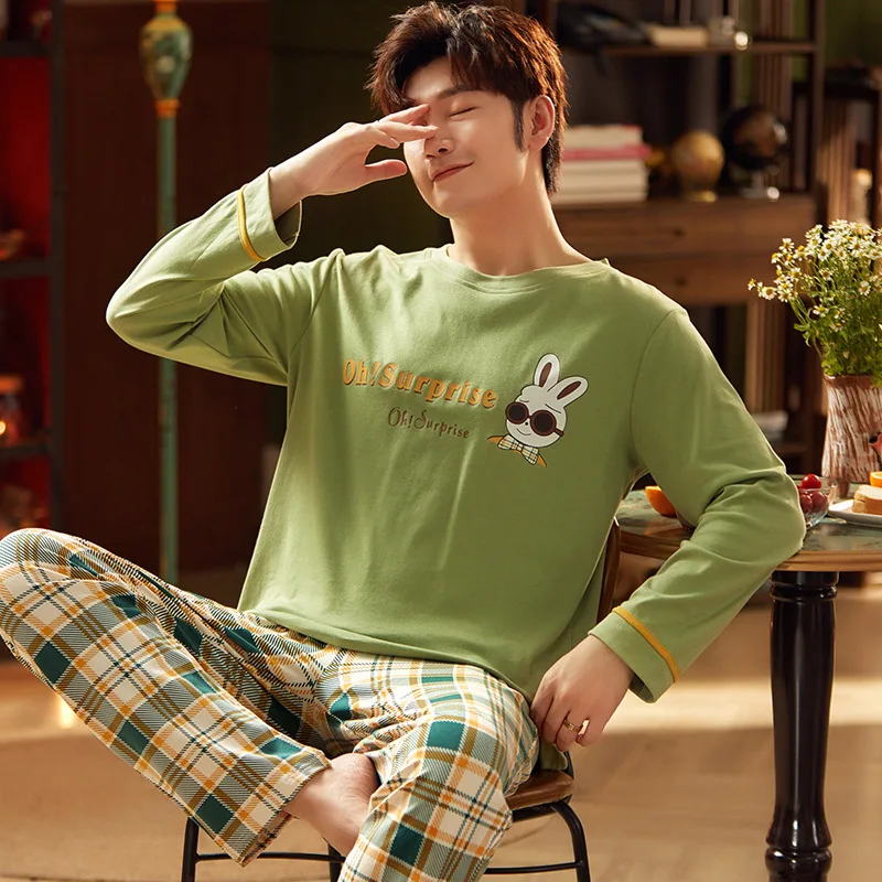 

Pure Cotton Men's Pajamas Long-sleeved Pyama Woman Set Trousers Two-piece Suit Plus Size Pajamas Spring and Autumn Home Suit