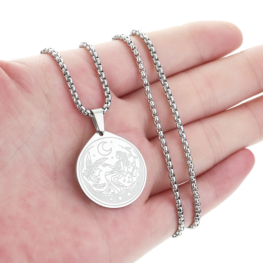 CHENGXUN Selene Moon Goddess Necklace Women Men Greek Mythology Pendant Stainless Steel Moon Girl Bird Engraving Talisman Gift