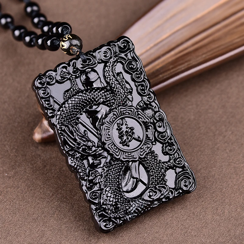 Natural Black Obsidian Guangong Pendant Beads Necklace Fashion Charm Jewellery Carved Amulet Gifts for Women Men | Украшения и