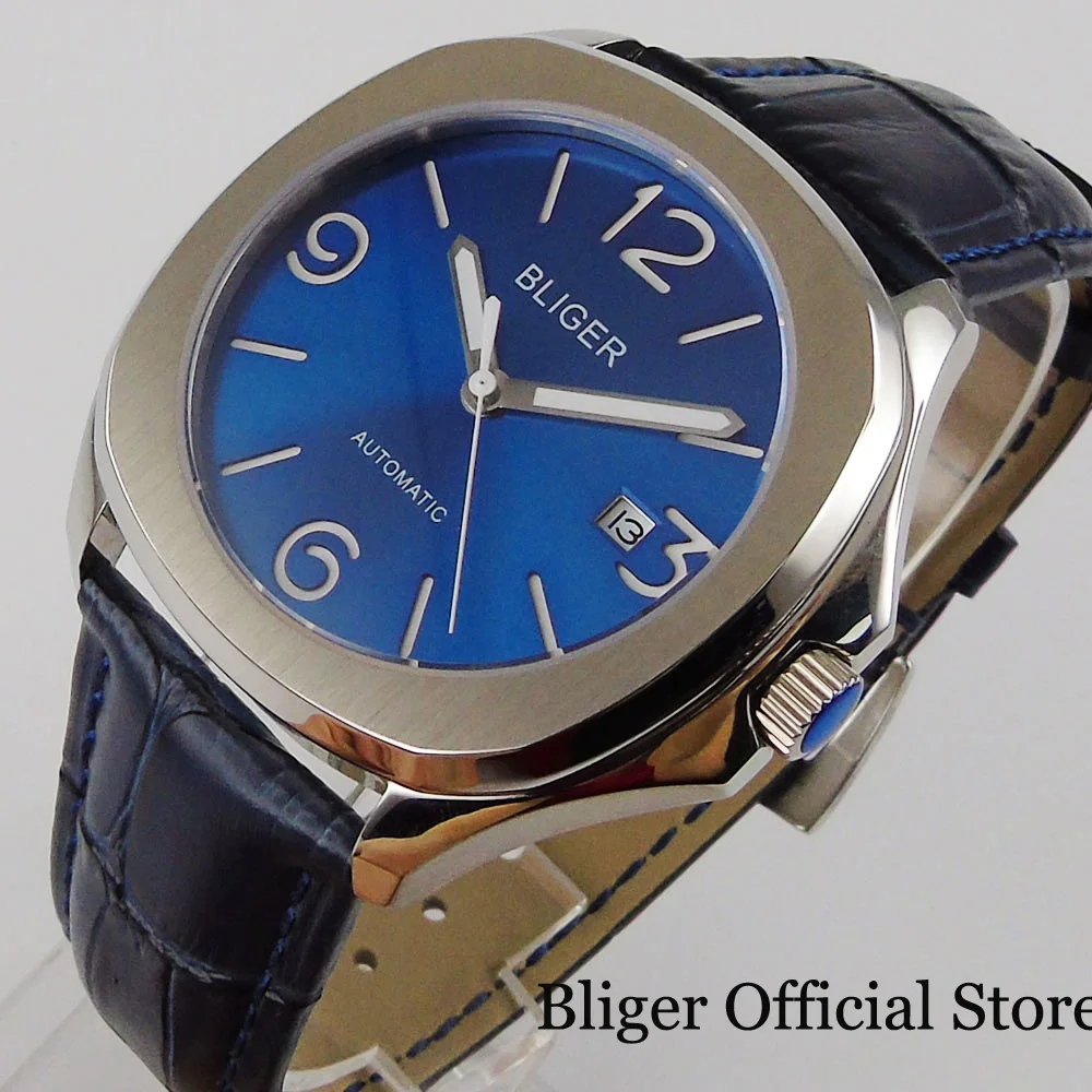 Dress BLIGER Mechanical Men Watch 21 Jewels 8215 Sapphire Glass Date Leather Band Screw Crown Nologo Dial Steel Case