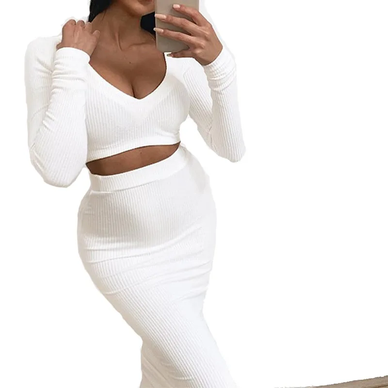 

2020 сексуальный комплект из двух предметов с v-образным вырезом и длинным рукавом, укороченный топ с длинной юбкой, комплект одежды для вечер...