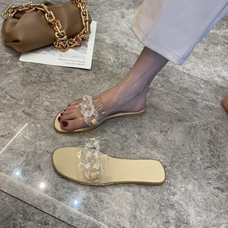 

Sandals Women 2021 New Candy Color Chain Ladies Slippers Flat Soft Bottom Fashion Slippers Large Size 43