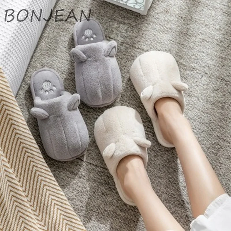 

2021 Women Short Plush Slippers Animal Ears Warm Women's Shoes Ladies Soft Indoor Flats Female Winter Cute Furry Slippers New