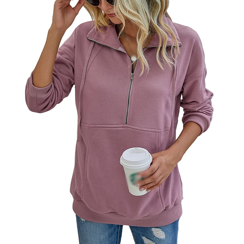 

Женский свитер, однотонный пуловер с длинным рукавом и карманами на молнии, Свитшот