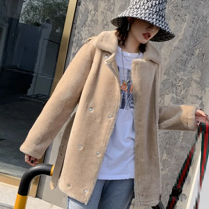 

Real Luxury Women Fur Jacket Loose Fit Leather Belted Natural Wool Coat Office Ladies Mid Long Shearling Jacket Winter Overcoat