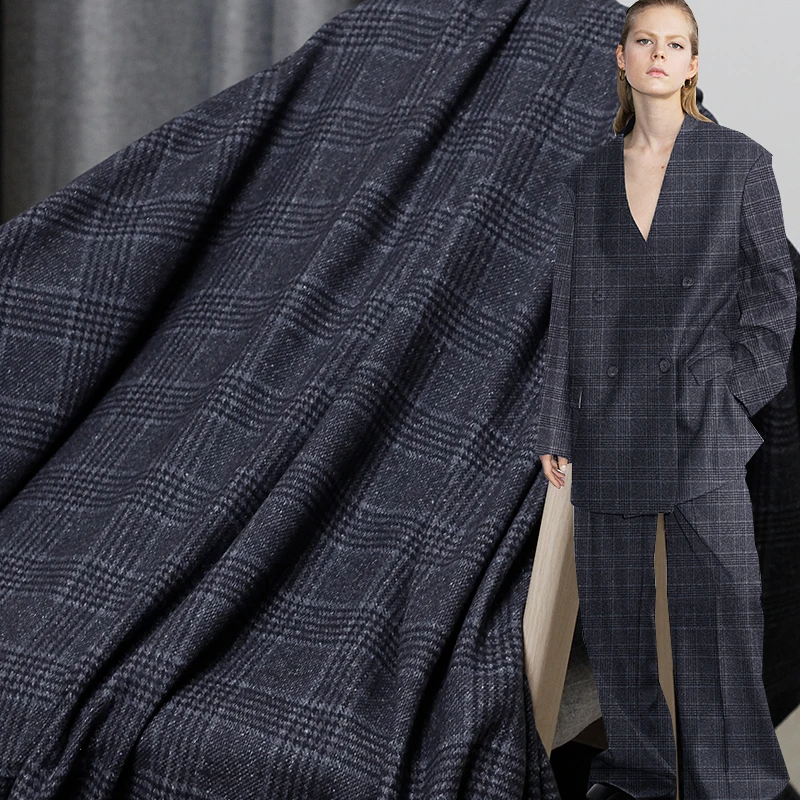 Синий серый твидовый клетчатый шерстяной материал для одежды Осенняя Женская