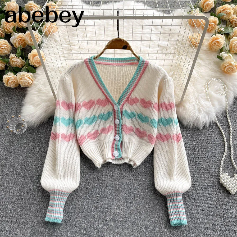 

Korean Love Print Cardigan Women Long Sleeve V Neck Fashion Streetwear Sweater Autumn Winter Short Outerwear 2022 New