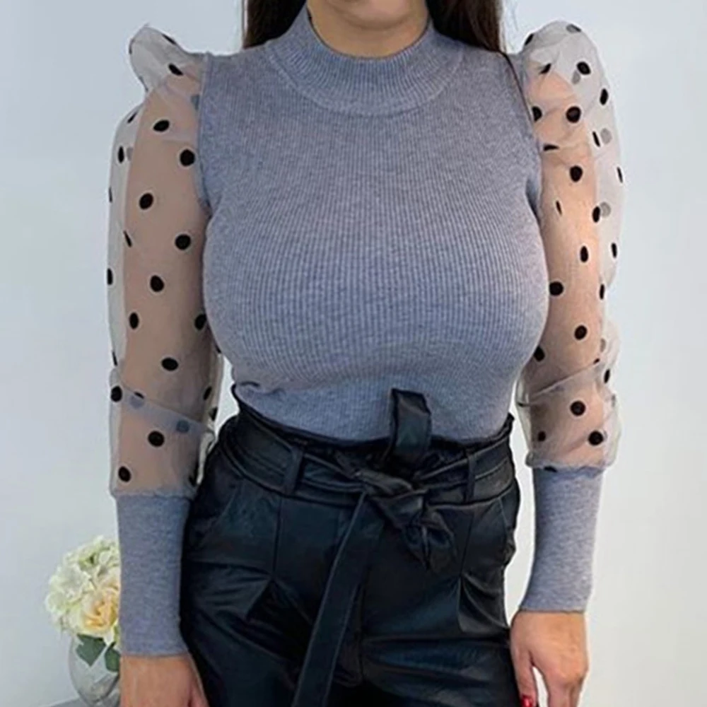 2019 Повседневный сетчатый свитер в горошек с пышными рукавами прозрачный вязаный