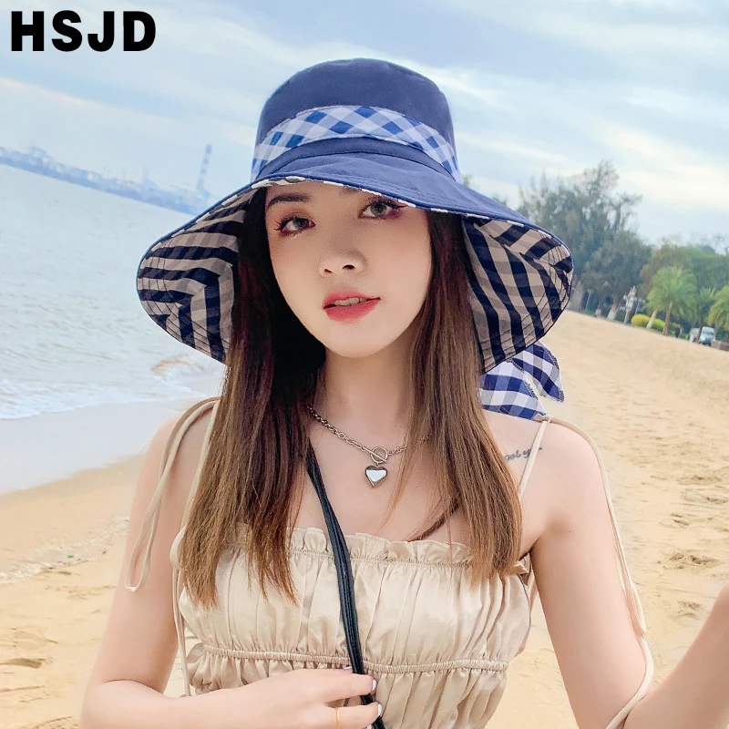 New Double Sided Plaid Bow Summer Sun Hats For Women Wide Brim Foldable Anti-UV Beach Hat Fashion Female Holiday Sunshade Cap