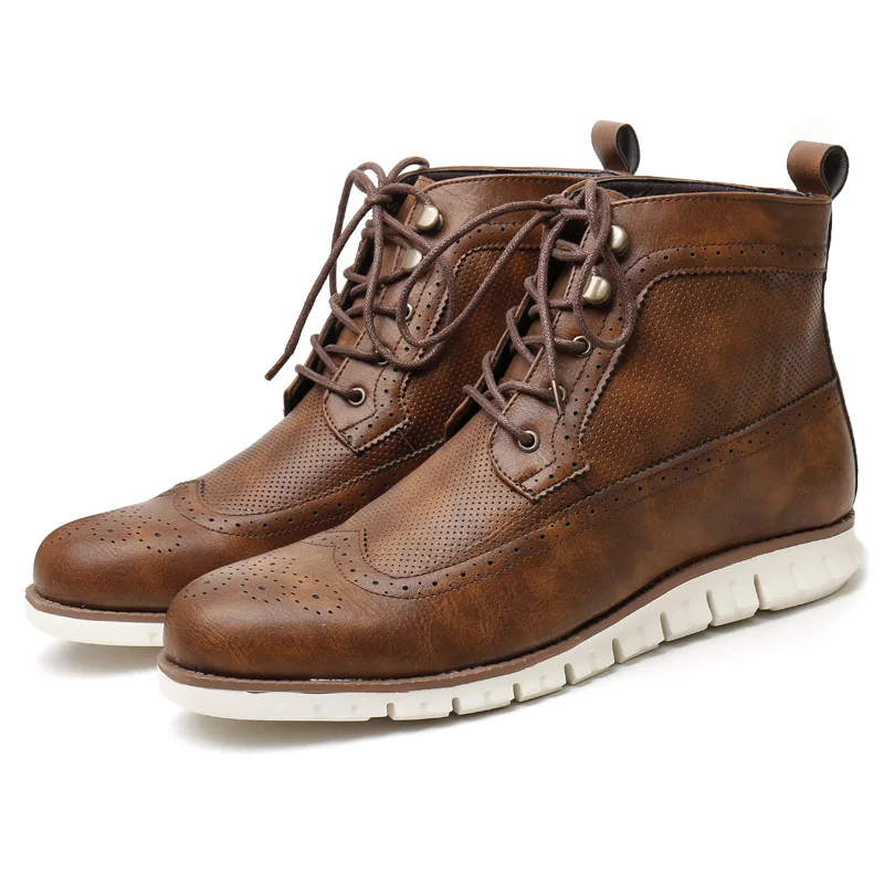 

Мужские повседневные ботинки из мягкой кожи, коричневые ботинки броги, дышащие винтажные высокие ботильоны на платформе, мужская обувь