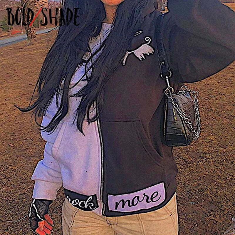 

Bold Shade Colorblocking Zipper Letter Graphic Print Hoodies Streetwear Grunge Fashion Women Hoodies Long Sleeve Overszied Tops