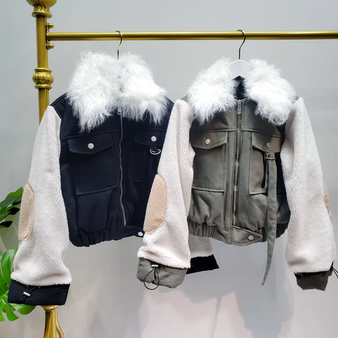 L77street Harajuku стиль ниша пушистые рукава милый Ягненок меховой воротник Короткая секция толстый хлопок Мягкий мульти-карман куртка женская